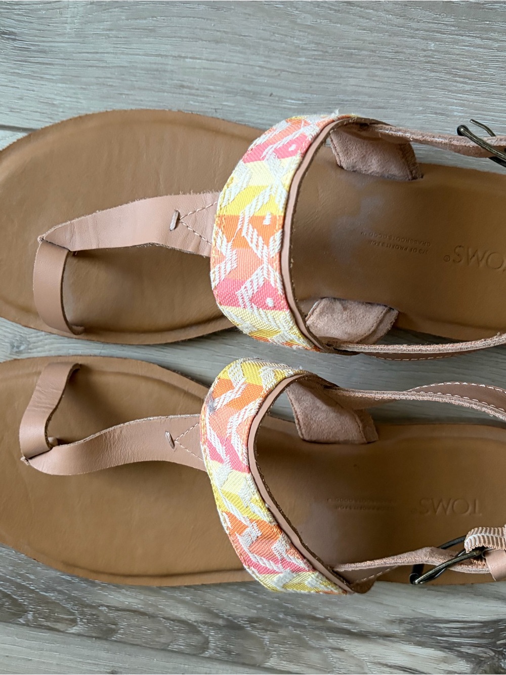 Toms Women's Tan Sandals with Pink, Orange & Yellow Woven Strap